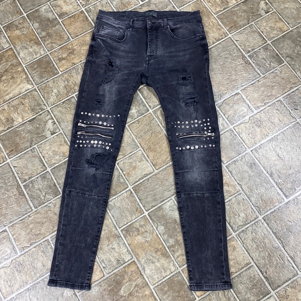 Zara Man Distressed Skinny Leg Button Fly Jeans, Zippers / Metal, Black …